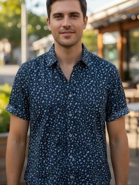 George Cotton Blue & White designs Short-Sleeve Shirt Button-Down Size M